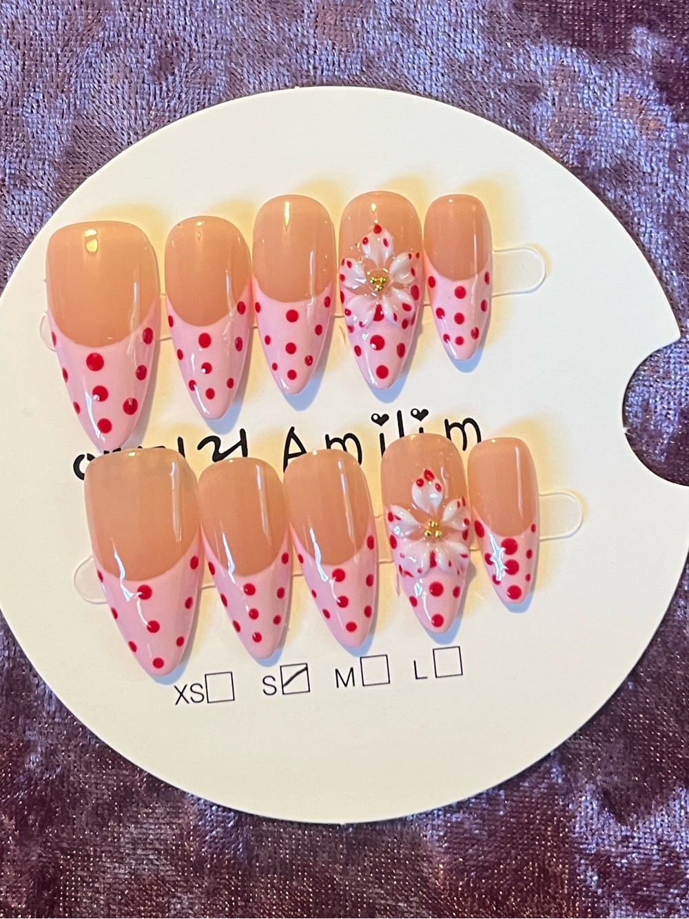 Soho Nude Pink Press-On Nails with Hot Pink Polka Dots & Floral Accent